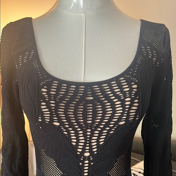 Bebe Bodycon Dress. Black Nude Underlay - Picture 3 of 8